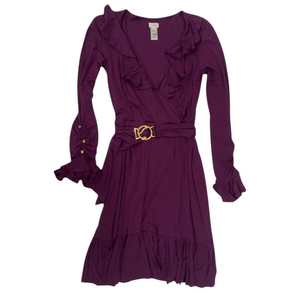 Cache Deep Plum Ruffle Wrap Midi Dress with Gold Belt Accent